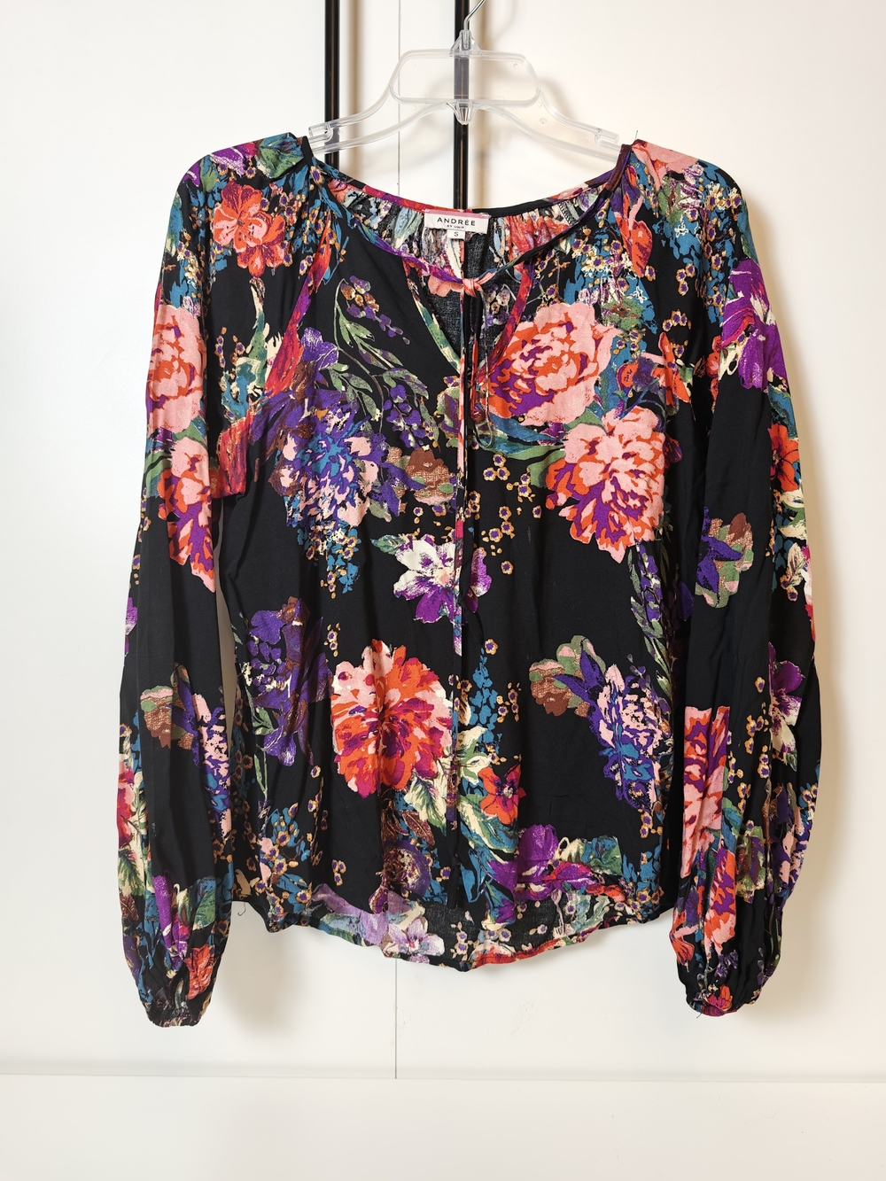 Andree by Unit Black Floral Tie Neck Peasant Blouse Long Sleeve Rayon Top S